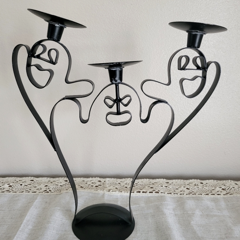 Halloween Ghost Candle Holder Candelabra Black Metal 14" Vintage Spooky Holiday.